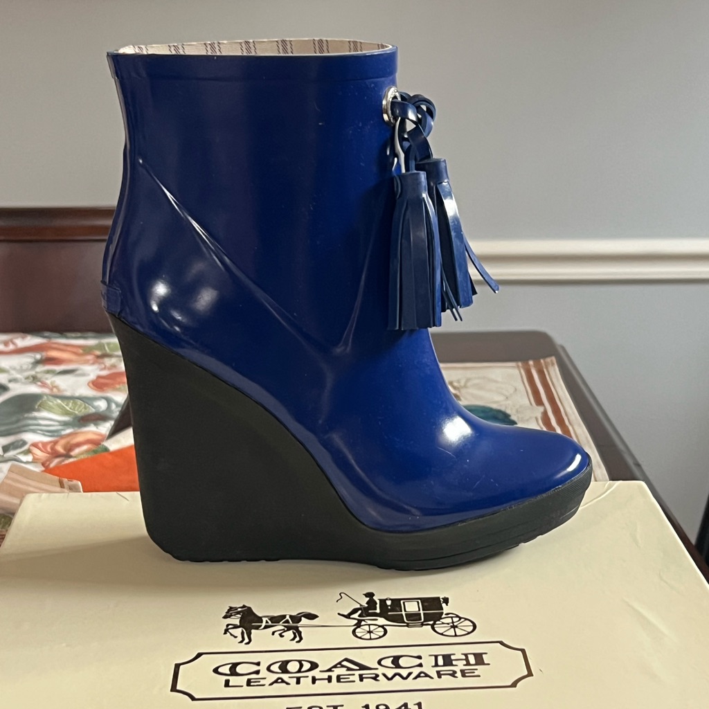 Coach Women's Glossy Blue Wedge Boots